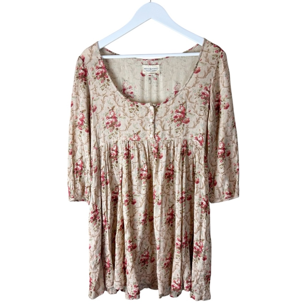 Denim & Supply Ralph Lauren Floral Empire Waist Tunic Top Red Beige S Pockets‎